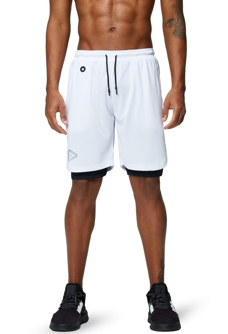 Pinkbomb Men's 2 in 1 Running Shorts Gym Workout Quick Dry Mens Shorts with Phone Pocket (White, Medium) - Image 3